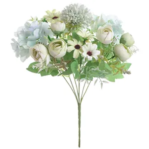 Elegant detail view of artificial mixed flower bouquet with roses, hydrangeas and poms