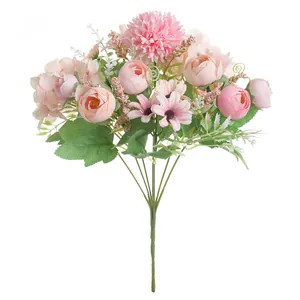 Detailed macro view of a pink artificial rose and hydrangea bouquet for home decoration