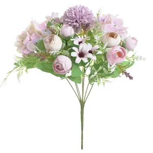 Detailed view of pink rose and hydrangea artificial flower bouquet for home decor