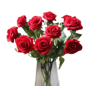 Beautiful real touch artificial red roses silk flowers for home and wedding decoration