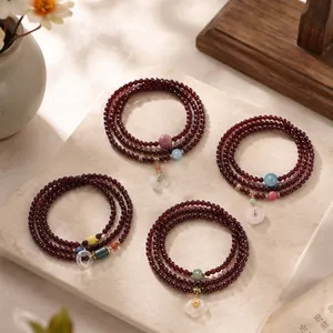Bracelet en Grenat Naturel et Quartz Rose Pour Femme Boucle de la Paix Jade Néphrite Serrure Ruyi Bracelet Multi-tours Perlé Bijoux Ethniques Élégants