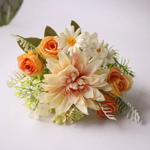 Close-up of dahlia, rose, and daisy artificial bouquet with realistic silk petals.