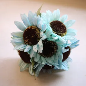 Elegant close-up of light blue artificial 6-head sunflower bouquet for wedding decor