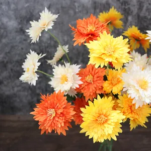Macro view of vibrant 5-head artificial chrysanthemum flowers in multiple colors