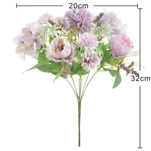 Gedetailleerd overzicht van 32 cm hoog kunstmatig pioenroos en hortensia boeket decor