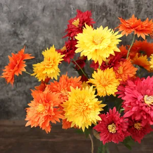 Detailed view of vibrant 5-head woolly chrysanthemum artificial flowers for decor