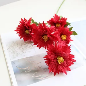 Close-up detail of 5-head artificial red chrysanthemum flowers for elegant home decor