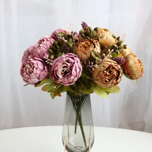 Antiker 13-köpfiger künstlicher Pfingstrosenstrauß aus Seide in Rosa und Orange für Hochzeit