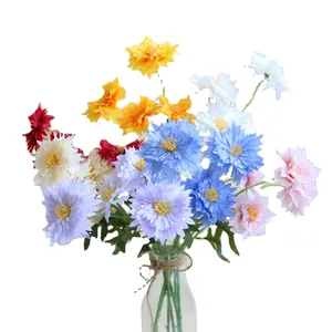 Vibrant multi-color artificial chrysanthemum bouquet in glass vase for home decor