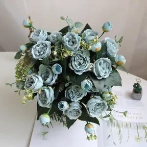 Bovenaanzicht van een boeket van 9 blauwe kunstmatige pioenen voor huis en bruiloft