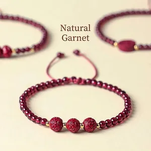 Braccialetto di Perline in Cinabro e Granato Naturale Stile Cinese per Donna Catena a Mano Vintage Pietra Rossa Regolabile con Motivo a Greca