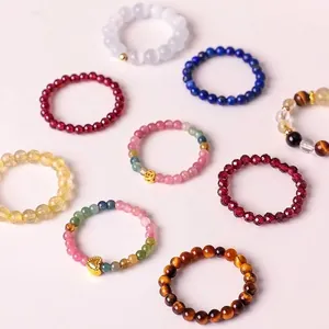 Natürlicher Kristall Perlen Elastischer Ring Für Damen Handgefertigt Turmalin Granat Rutilquarz Tigerauge Stretch Fingerring Schmuck