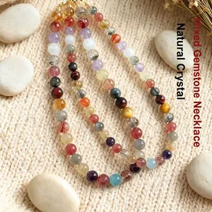 Collar de Abalorios de Cristal Natural Hecho a Mano Cuarzo Fresa Cuarzo Rutilado Amatista Joyería Étnica Mujer