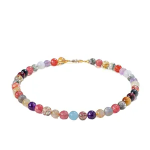 Collar de cuentas de cristal natural multicolor con cuarzo fresa y cuarzo rutilado