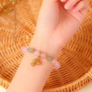 Natürlicher Rosenquarz Golden Rutilquarz Perlenarmband Für Damen Nephrit Jade Erdnuss Glocke Anhänger Frisch Süß Schmuck Geschenk