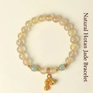 Natürliches Gold-Rutilquarz- und Jade-Perlenarmband mit Erdnuss-Anhänger für Damen