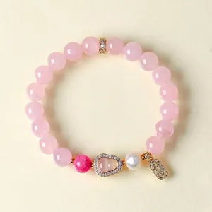 Elegantes Perlenarmband aus rosa Kristall mit Kalebassen-Anhänger und Perle
