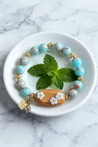Détail du bracelet en pierre Shoushan et bois de santal avec breloques fleurs.