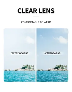 Side-by-side lens comparison showing clear vision effect on a sunny beach background