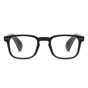 Front view of classic retro black square frame reading glasses with silver rice nail rivets