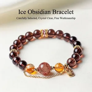 Natural Obsidian Black Gold Super Seven Crystal Beaded Bracelet With Citrine Metal Fu Tag Fashion Jewelry For Women