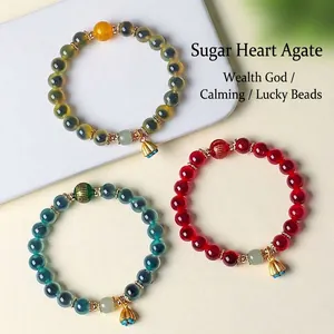 Bracciale in Perline di Agata Sugar Heart e Giada Hetian Naturale Nuovo Stile Cinese per Donna Vintage Zen Scrittura Agata Gioielli Pendente a Baccello di Loto Regalo