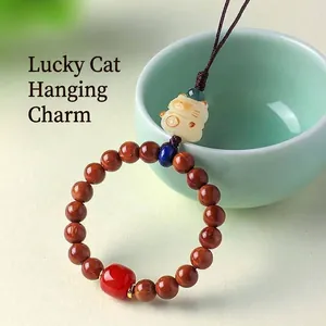Traditional Chinese style Maneki-neko lucky cat charm with natural brown bodhi wood beads
