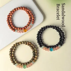 Elegant natural sandalwood double-wrap beaded bracelets with jade and cat's eye stone accents