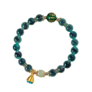 Bracciale di perline in stile cinese vintage con agata verde, giada Hetian e loto