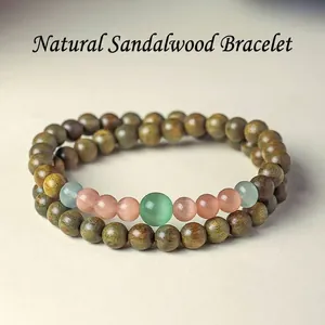 Natural green sandalwood beaded bracelet with cat's eye stone and aventurine jade