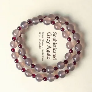 Pulsera de Cuentas de Ágata Gris Natural y Granate para Mujer Elegante Pulsera Elástica de Piedra Diseño de Gama Alta Joyería