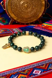 Detailansicht eines dunkelgrünen Weihrauchperlen-Armbands mit kristallbesetztem Kürbis