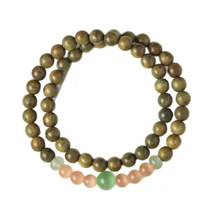 Natural green sandalwood bead bracelet with aventurine jade and cat eye stones