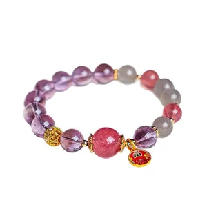 Exquisites Armband aus natürlichem Amethyst und rotem Achat mit goldenem Glücksanhänger