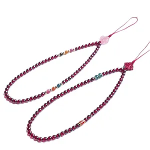 Handmade Chinese style garnet beaded phone charm and bag pendant with colorful accent beads