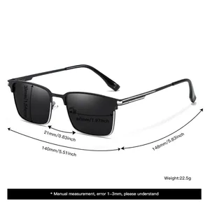 Detailed dimensions of polarized square metal frame sunglasses for men with weight