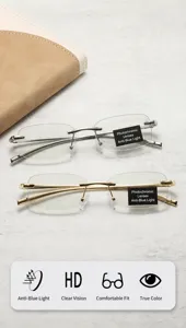 Detailed view of silver and gold rimless photochromic anti-blue light reading glasses