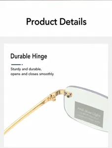 Detailed macro view of the sturdy gold hinge on premium rimless photochromic reading glasses