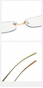Detailed view of comfortable nose pads and non-slip gold temples on rimless glasses