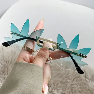 Gafas de sol sin montura con forma de hoja de arce verde azulado para fiestas y baile