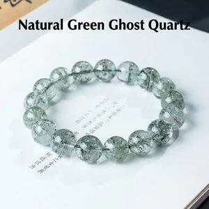 Natural green phantom crystal beaded bracelet with round stones and inclusions