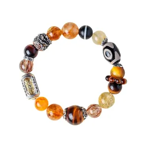 Elegant multicolored crystal bracelet featuring Dzi bead and tiger eye for wealth and balance.