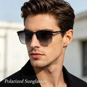 Men Business Square Polarized Sunglasses Metal Half Frame UV Protection Driving Sun Glasses Casual Classic Shades for Outdoors