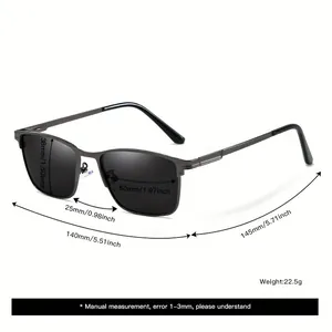 Detailed dimension diagram and size specifications for men's square sunglasses