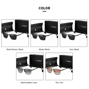 Five color variants of men's square business polarized sunglasses shown with cases