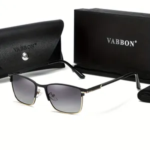 Detail view of men's square business polarized sunglasses with premium case box