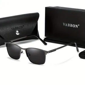 Close-up detail of men's square frame business sunglasses with VABBON case and box