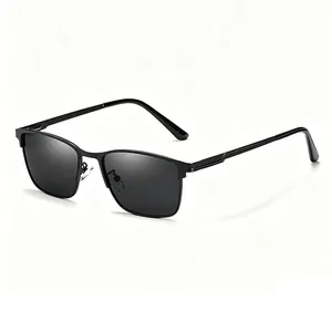 Macro view of black square frame business polarized sunglasses for men with UV protection.