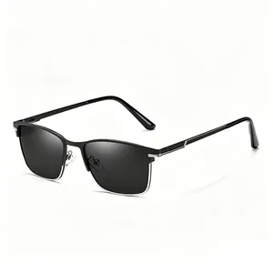 Detail view of square business polarized sunglasses with elegant silver metal accents