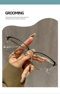 Detail view of retro black metal frame reading glasses with anti-blue light protective lenses